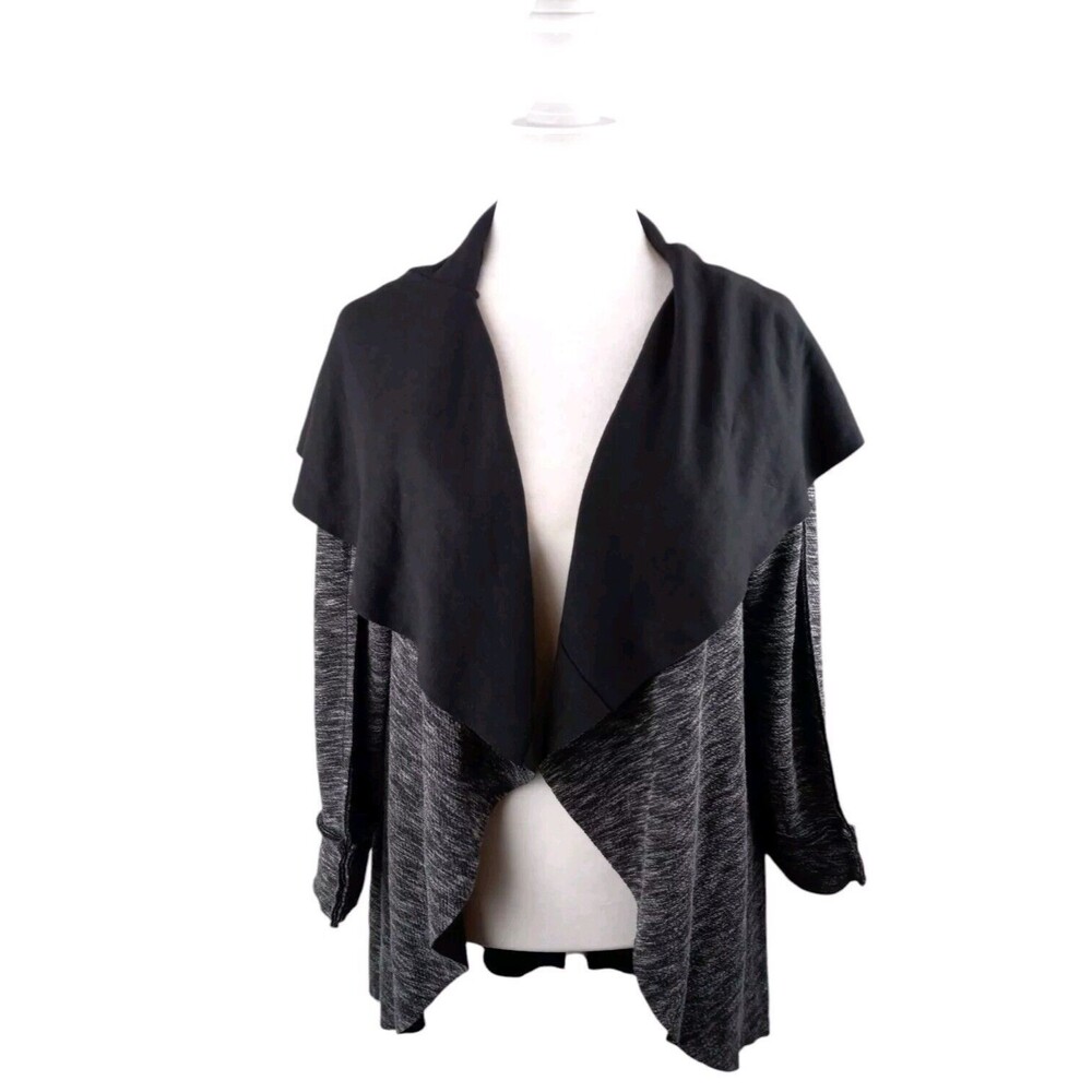 Kensie Womens Sweater Size Medium Open Front Drape Cardigan Heathered Gray Black